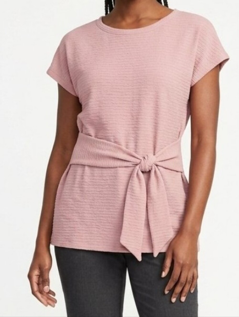 Tahari Dusty Pink Tie-Waist Short Sleeve Tunic Ribbed Knit Stretch Rayon Sz M